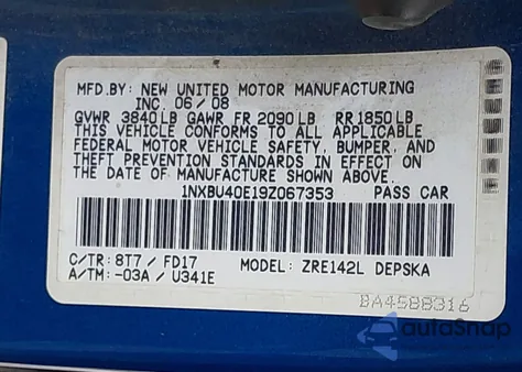 2009 Toyota Corolla S z USA, uszkodzony, nr VIN 1NXBU40E19Z067353